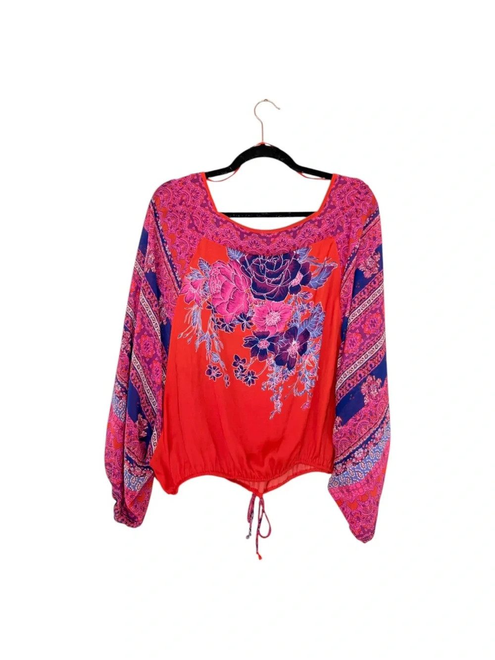 Free People Blue Nile Floral Print Blouse Exaggerated Sleeves Pull-On Top XL